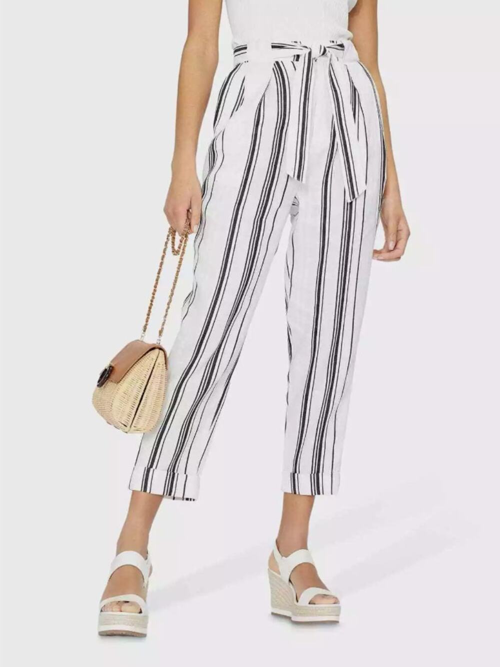 Ted Baker London Linen Asherr Tapered Trouser Pants Size 3 White Striped